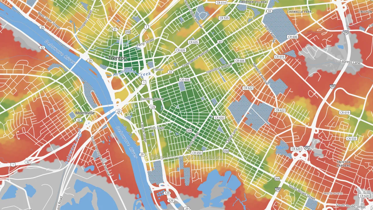 Walk Grade map of Chambersburg, Trenton, NJ, walkable areas in green and car-dependent areas in red