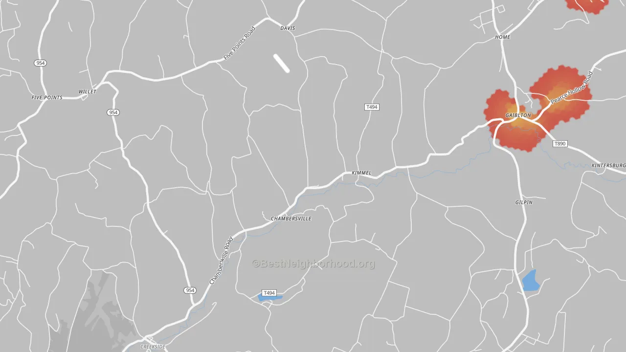 Walk Grade map of Chambersville, PA, walkable areas in green and car-dependent areas in red