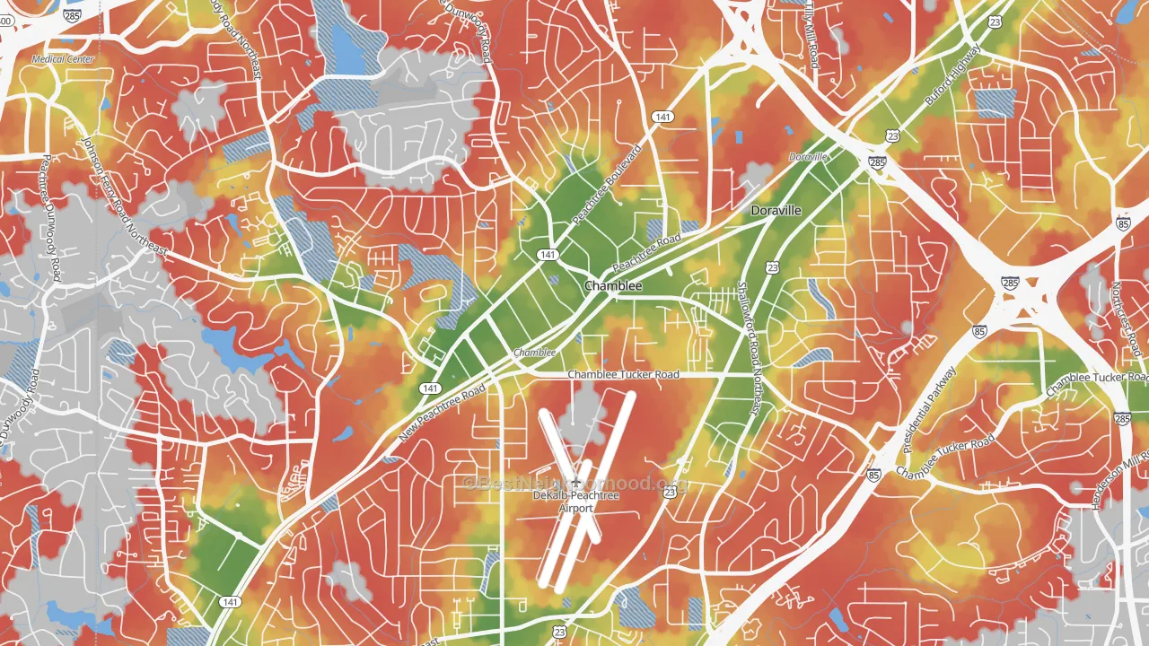 Walk Grade map of Chamblee, GA, walkable areas in green and car-dependent areas in red