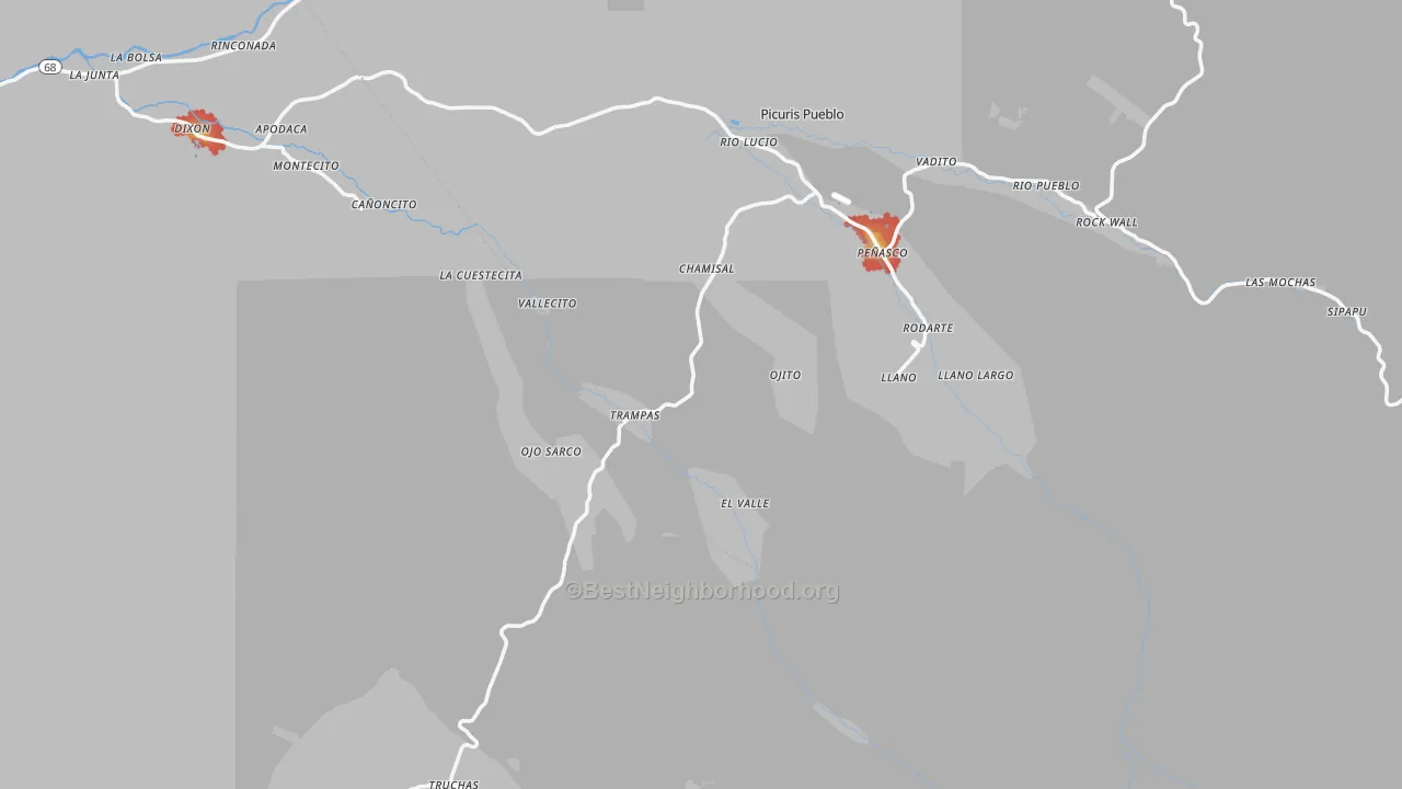 Walk Grade map of Chamisal, NM, walkable areas in green and car-dependent areas in red