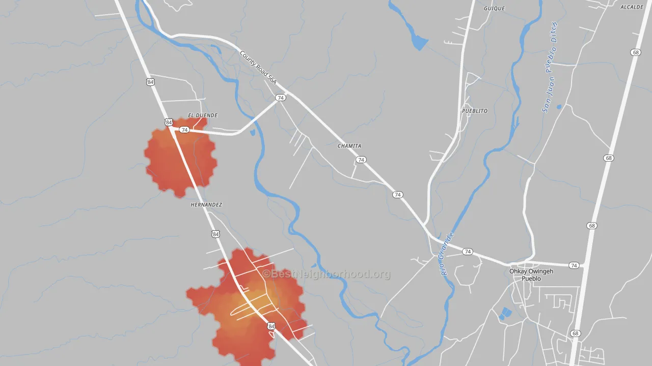 Walk Grade map of Chamita, NM, walkable areas in green and car-dependent areas in red