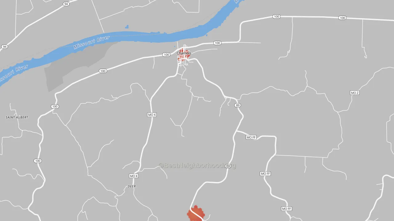 Walk Grade map of Chamois, MO, walkable areas in green and car-dependent areas in red