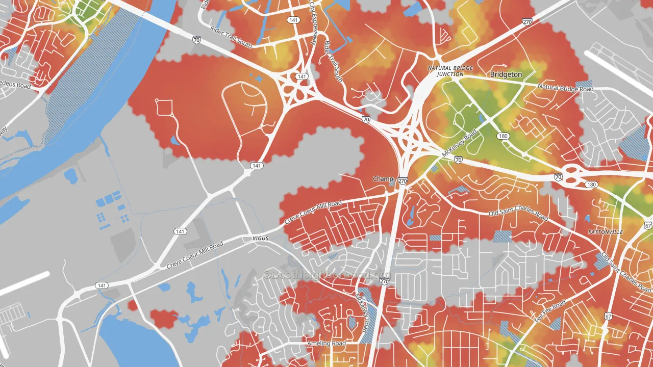 Walk Grade map of Champ, MO, walkable areas in green and car-dependent areas in red