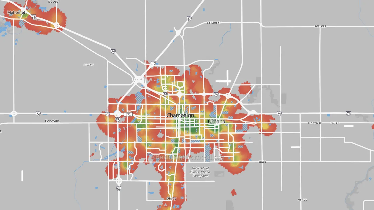 Walk Grade map of Champaign County, IL, walkable areas in green and car-dependent areas in red