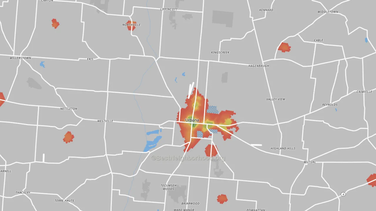 Walk Grade map of Champaign County, OH, walkable areas in green and car-dependent areas in red