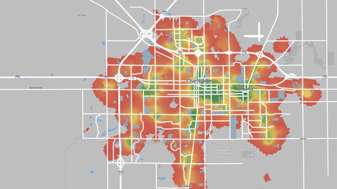 Walk Grade map of Champaign, IL, walkable areas in green and car-dependent areas in red