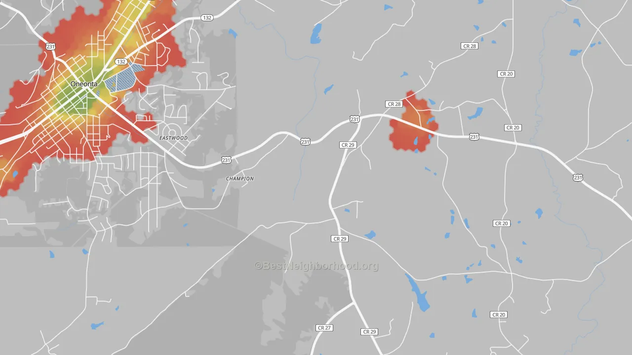 Walk Grade map of Champion, AL, walkable areas in green and car-dependent areas in red