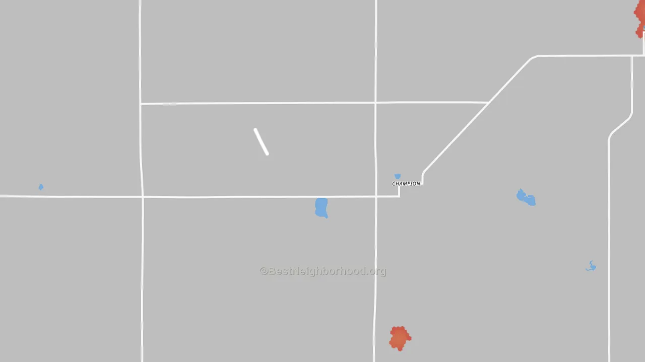 Walk Grade map of Champion, NE, walkable areas in green and car-dependent areas in red