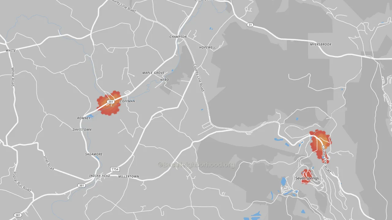 Walk Grade map of Champion, PA, walkable areas in green and car-dependent areas in red