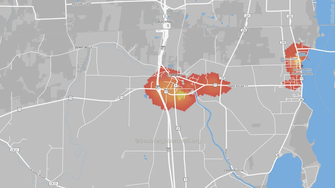 Walk Grade map of Champlain, NY, walkable areas in green and car-dependent areas in red