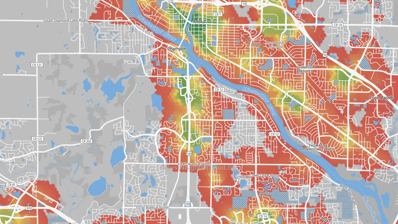 Walk Grade map of Champlin, MN, walkable areas in green and car-dependent areas in red
