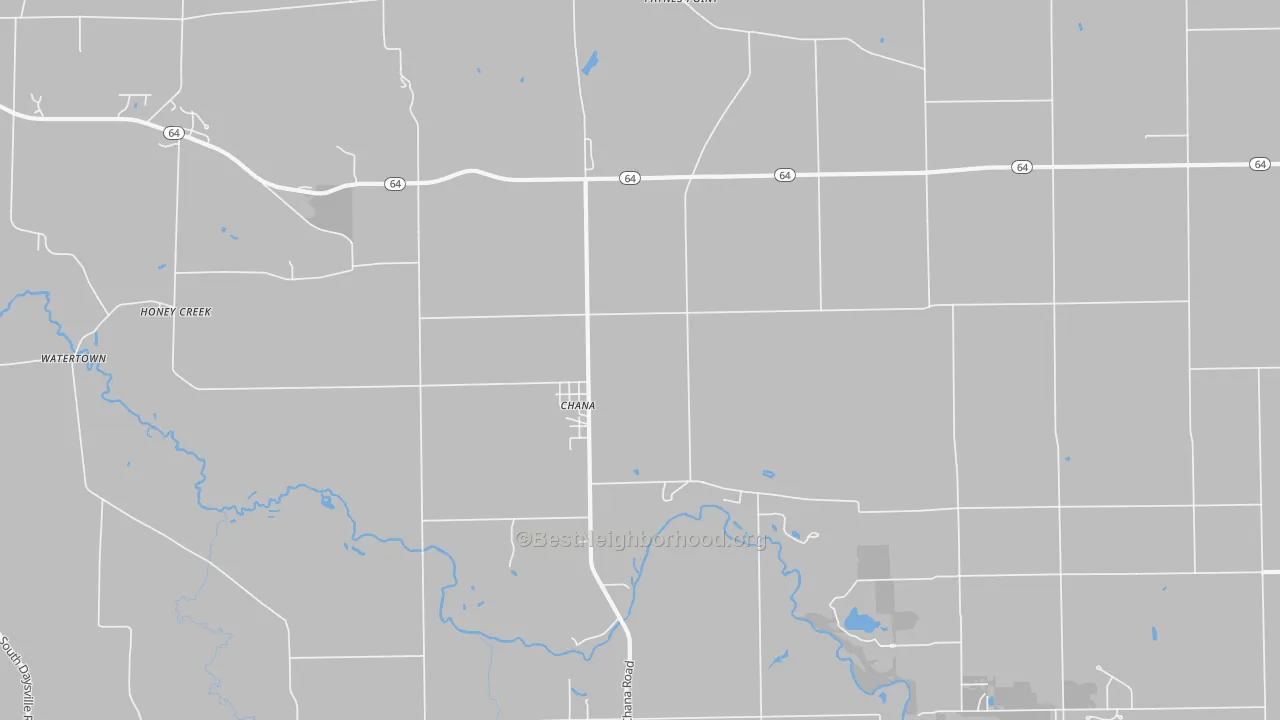 Walk Grade map of Chana, IL, walkable areas in green and car-dependent areas in red