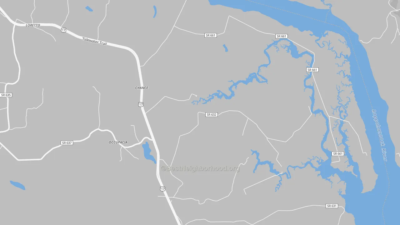 Walk Grade map of Chance, VA, walkable areas in green and car-dependent areas in red