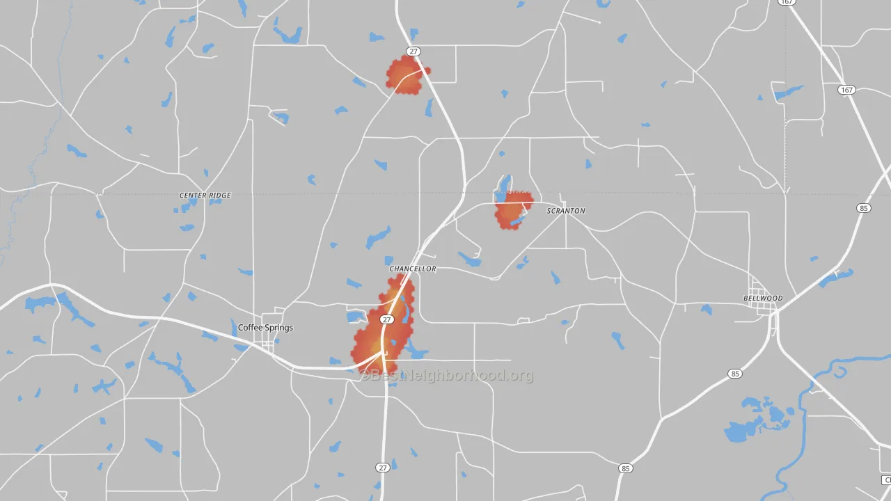 Walk Grade map of Chancellor, AL, walkable areas in green and car-dependent areas in red