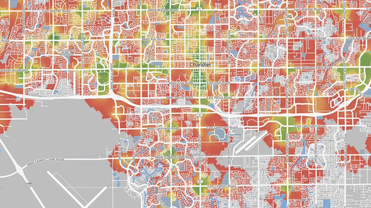 Walk Grade map of Chandler, AZ, walkable areas in green and car-dependent areas in red