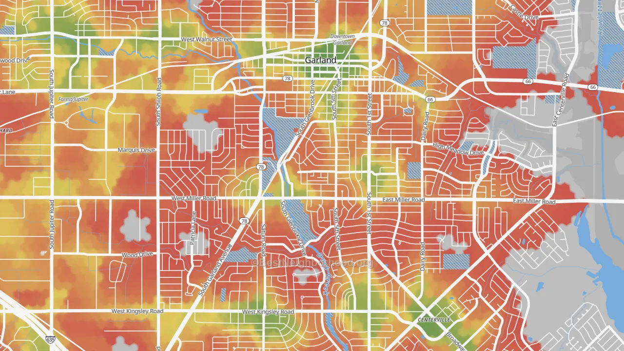 Walk Grade map of Chandler Heights, Garland, TX, walkable areas in green and car-dependent areas in red