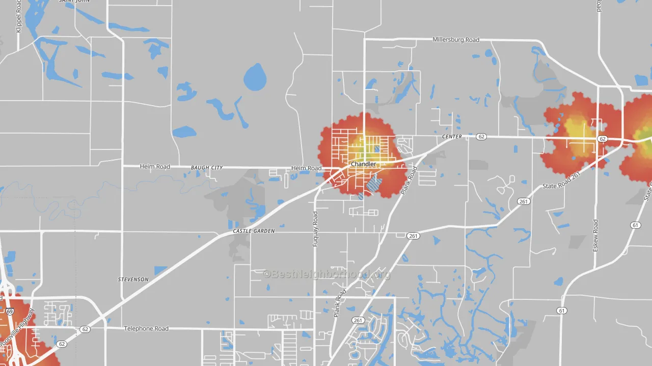 Walk Grade map of Chandler, IN, walkable areas in green and car-dependent areas in red