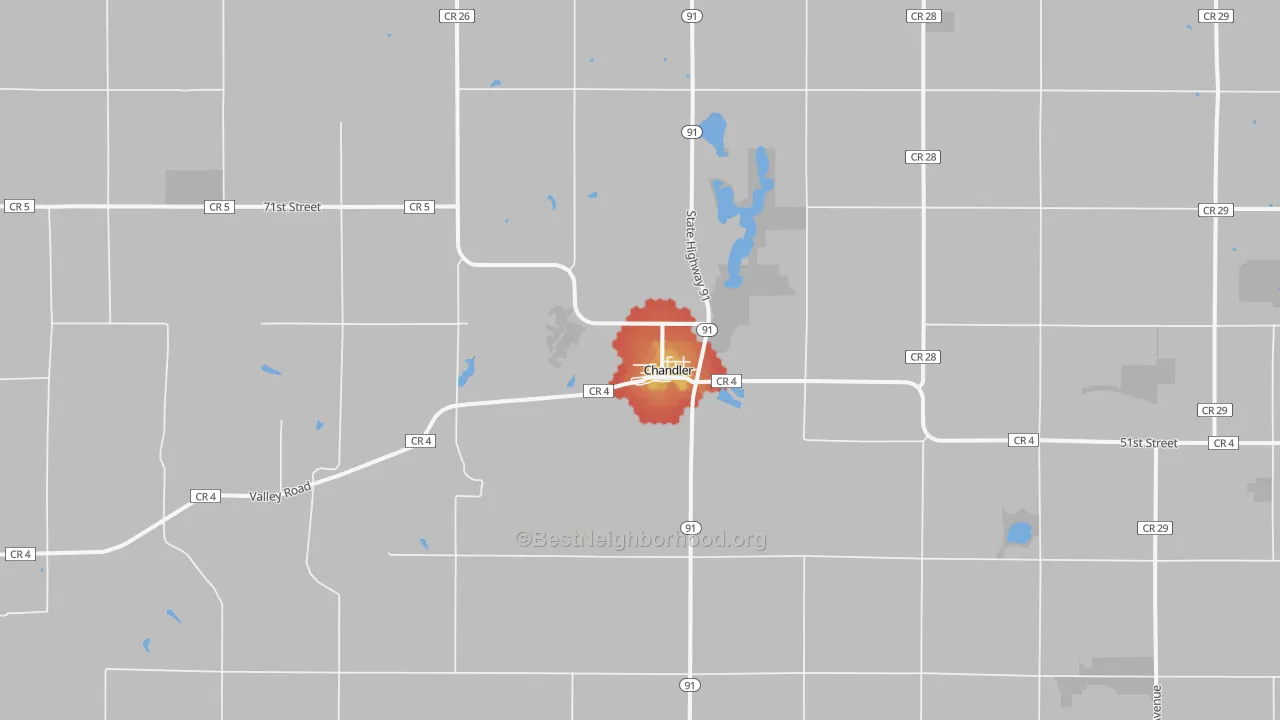 Walk Grade map of Chandler, MN, walkable areas in green and car-dependent areas in red