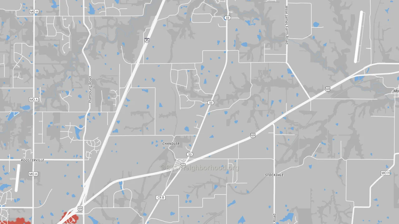 Walk Grade map of Chandler, MO, walkable areas in green and car-dependent areas in red