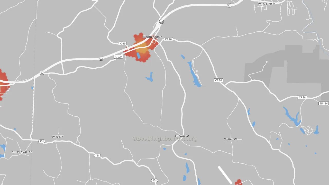 Walk Grade map of Chandler, OH, walkable areas in green and car-dependent areas in red