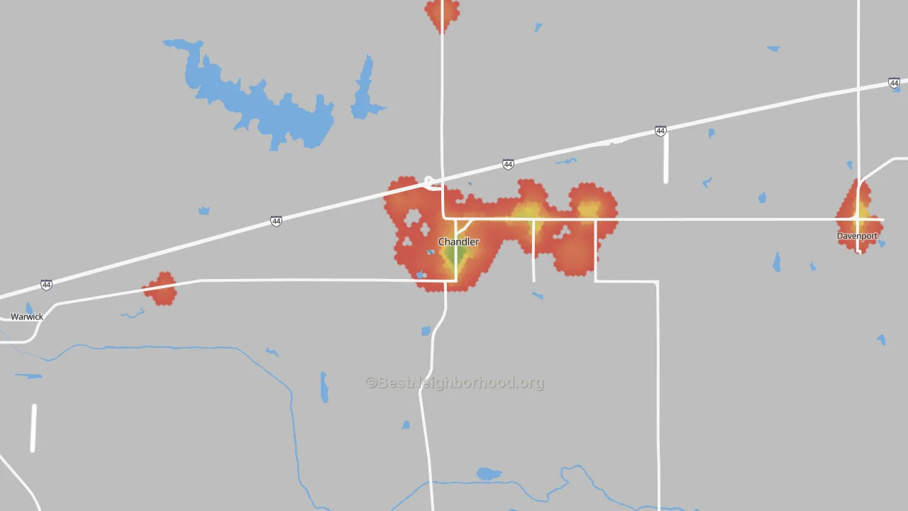 Walk Grade map of Chandler, OK, walkable areas in green and car-dependent areas in red