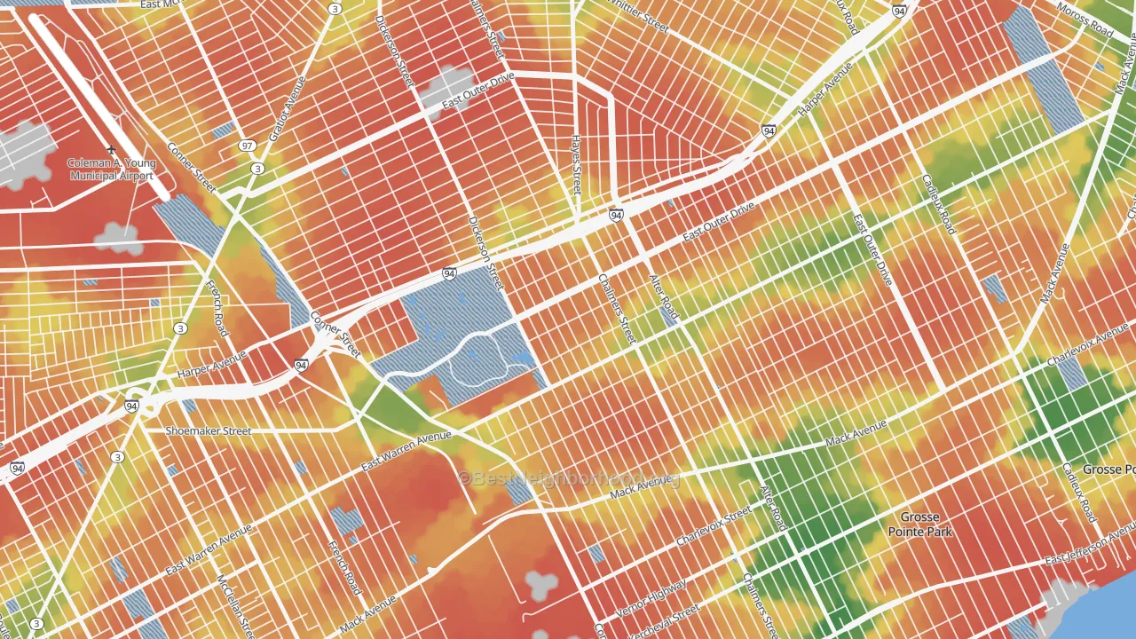 Walk Grade map of Chandler Park, Detroit, MI, walkable areas in green and car-dependent areas in red
