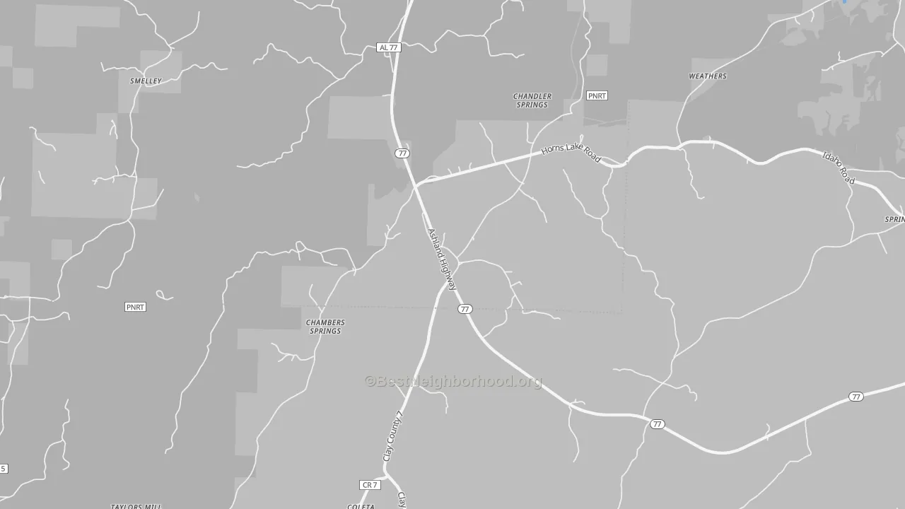 Walk Grade map of Chandler Springs, AL, walkable areas in green and car-dependent areas in red