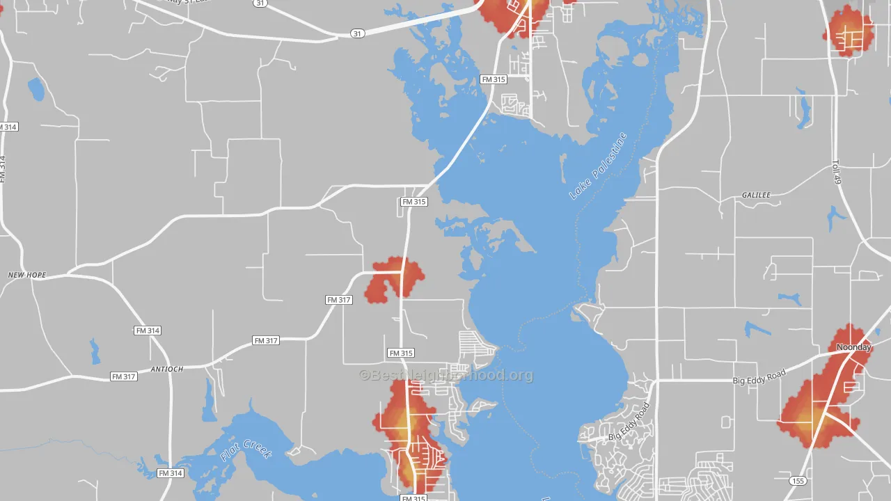Walk Grade map of Chandler, TX, walkable areas in green and car-dependent areas in red