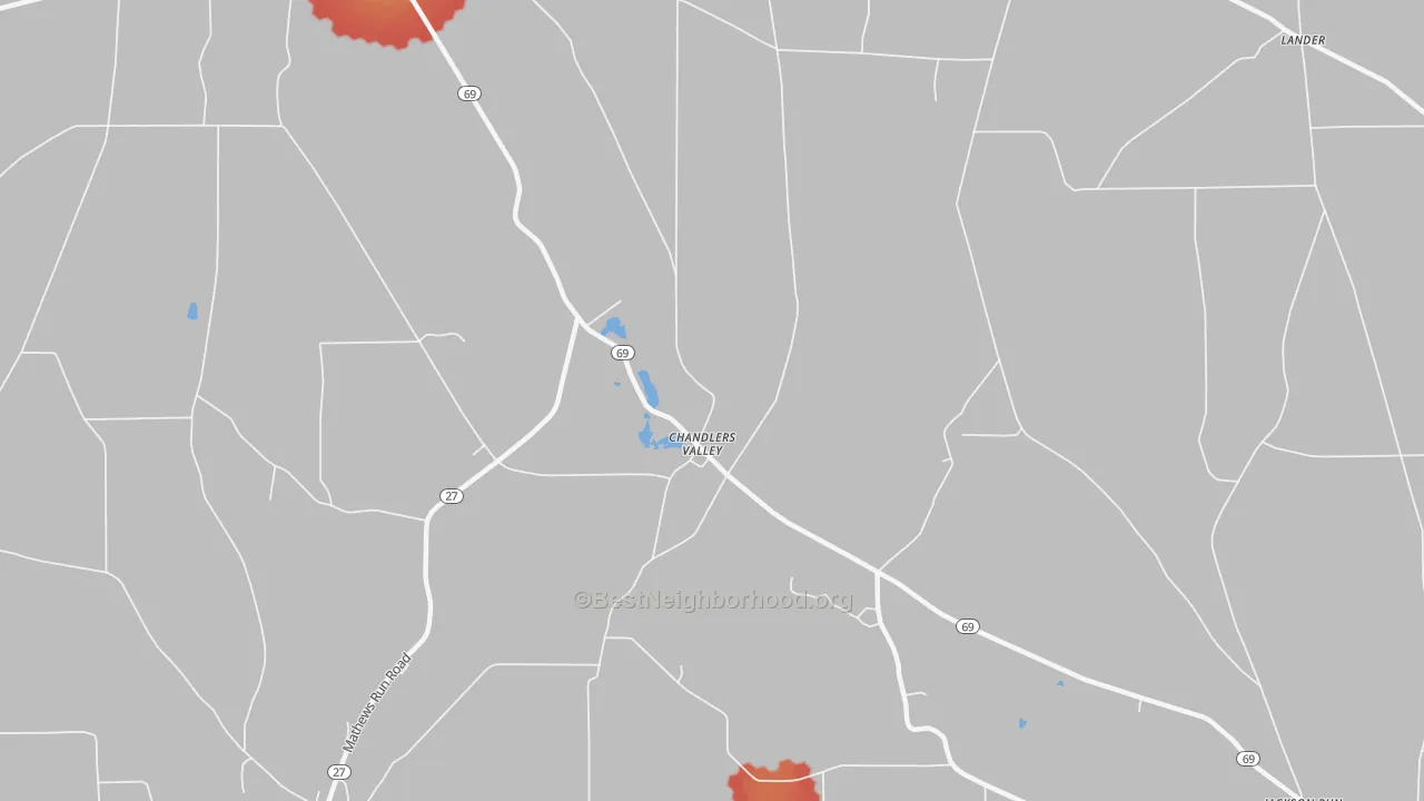 Walk Grade map of Chandlers Valley, PA, walkable areas in green and car-dependent areas in red