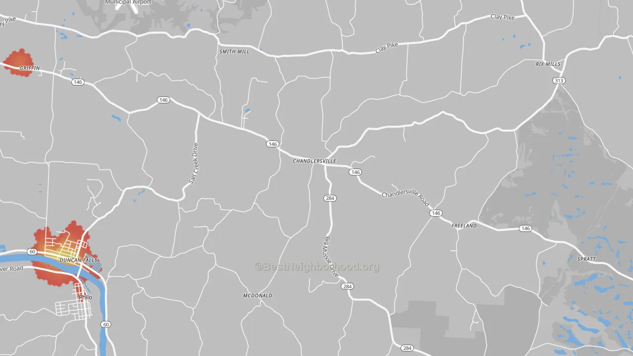 Walk Grade map of Chandlersville, OH, walkable areas in green and car-dependent areas in red