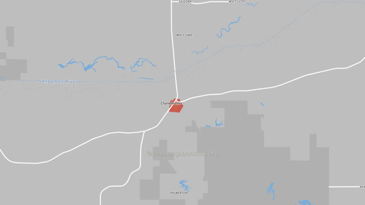 Walk Grade map of Chandlerville, IL, walkable areas in green and car-dependent areas in red