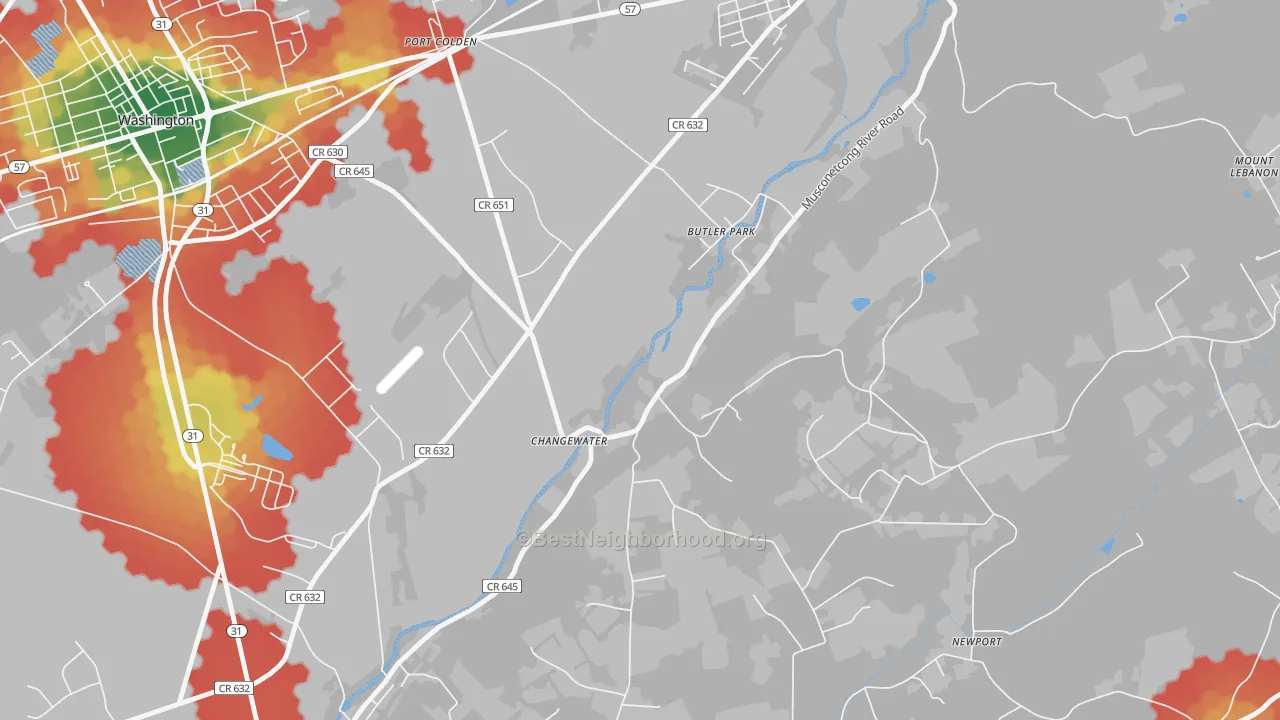 Walk Grade map of Changewater, NJ, walkable areas in green and car-dependent areas in red