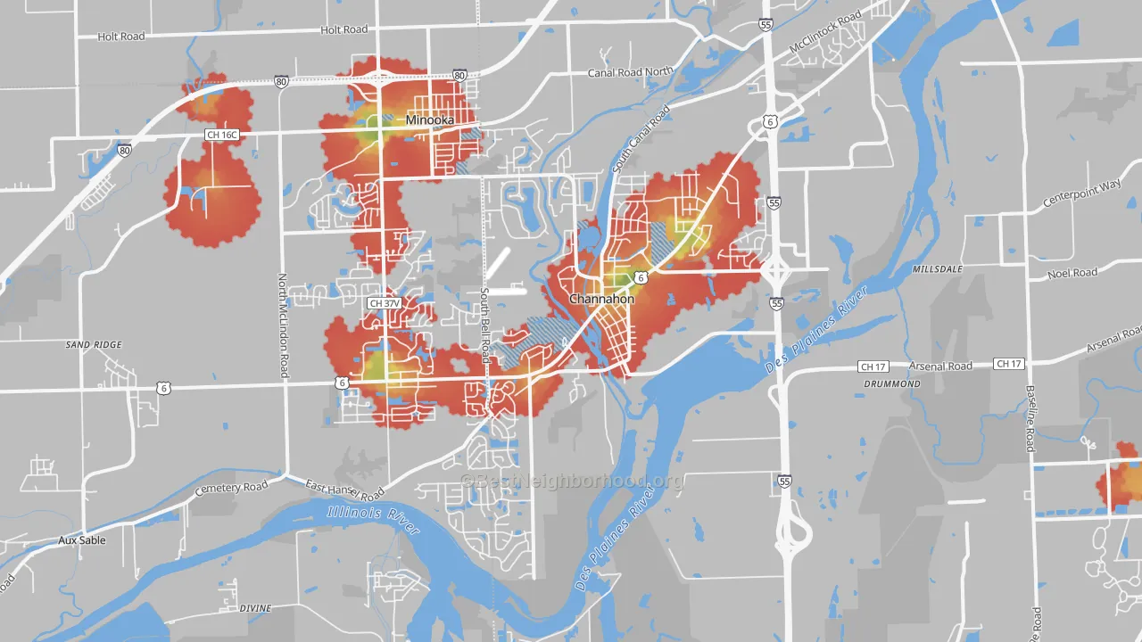 Walk Grade map of Channahon, IL, walkable areas in green and car-dependent areas in red