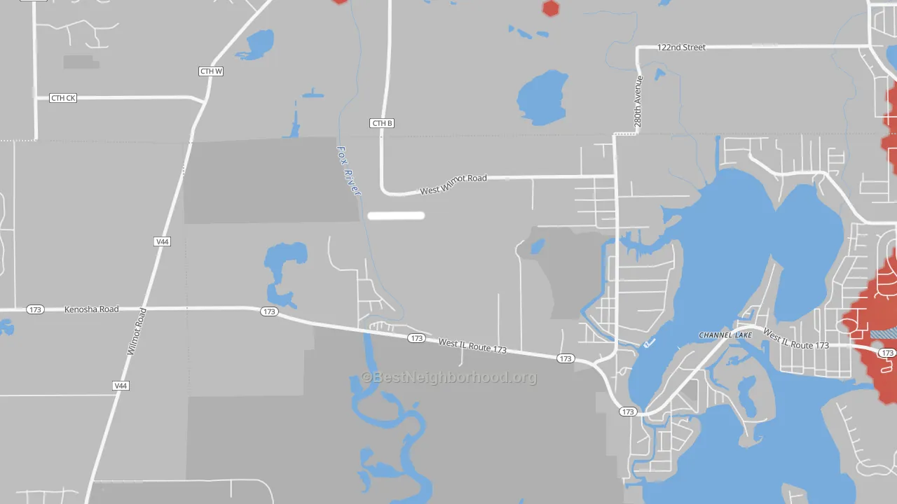 Walk Grade map of Channel Lake, IL, walkable areas in green and car-dependent areas in red