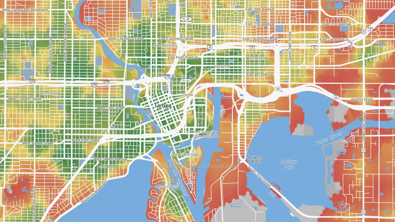 Walk Grade map of Channelside, Tampa, FL, walkable areas in green and car-dependent areas in red