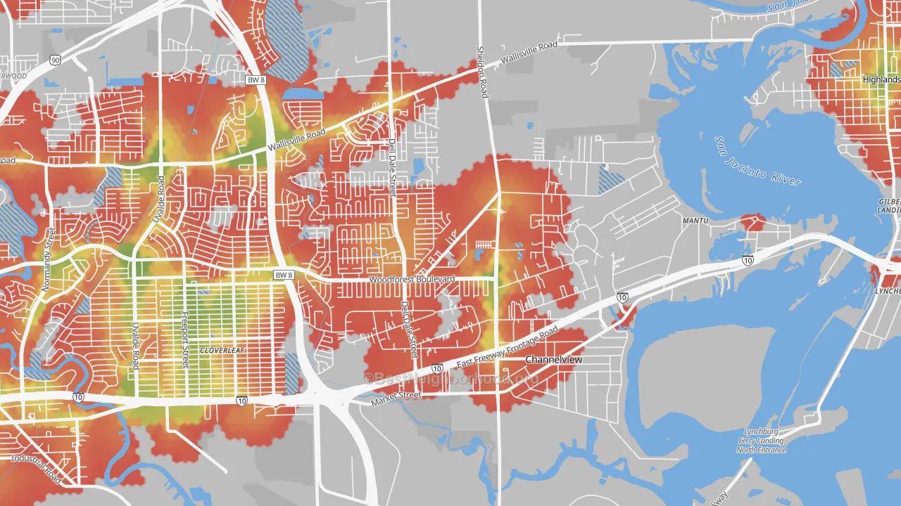 Walk Grade map of Channelview, TX, walkable areas in green and car-dependent areas in red