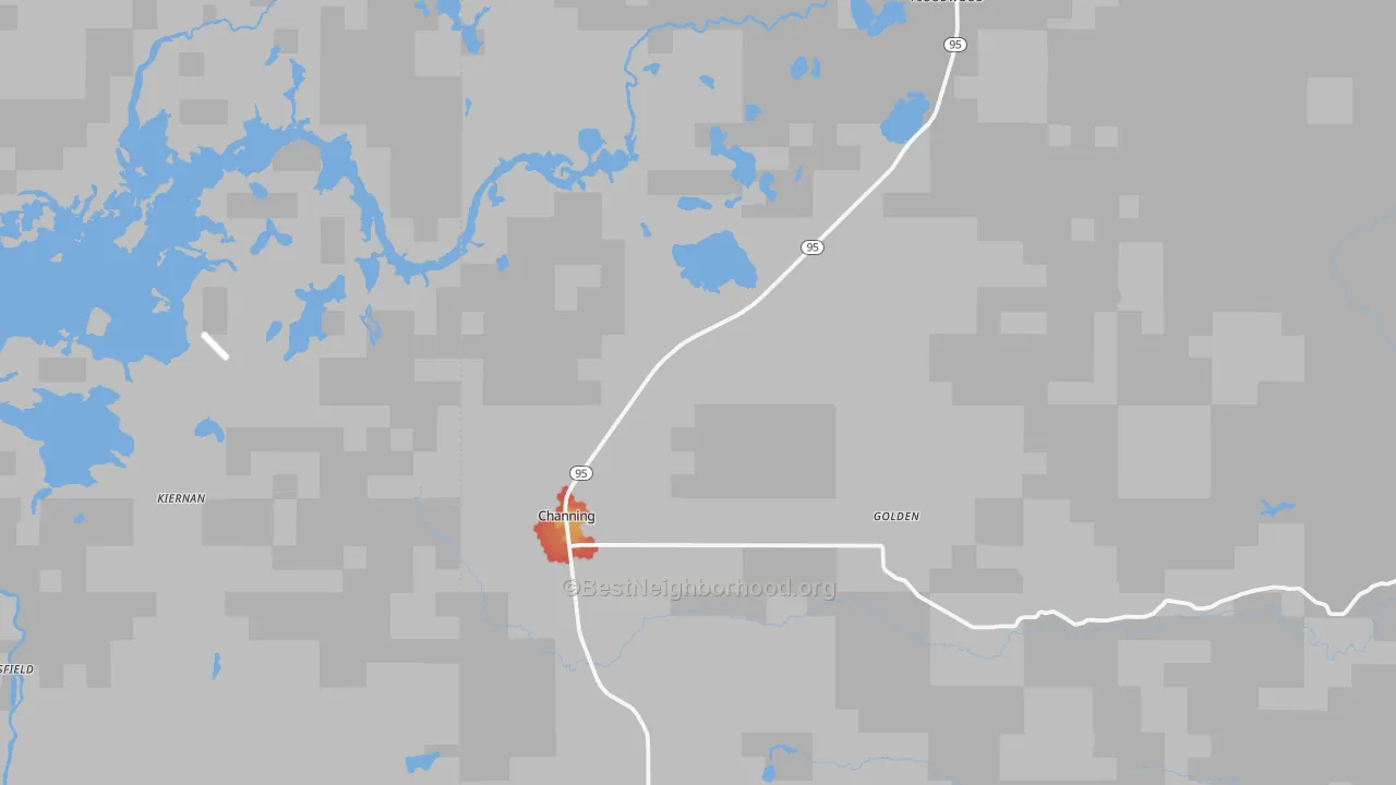Walk Grade map of Channing, MI, walkable areas in green and car-dependent areas in red