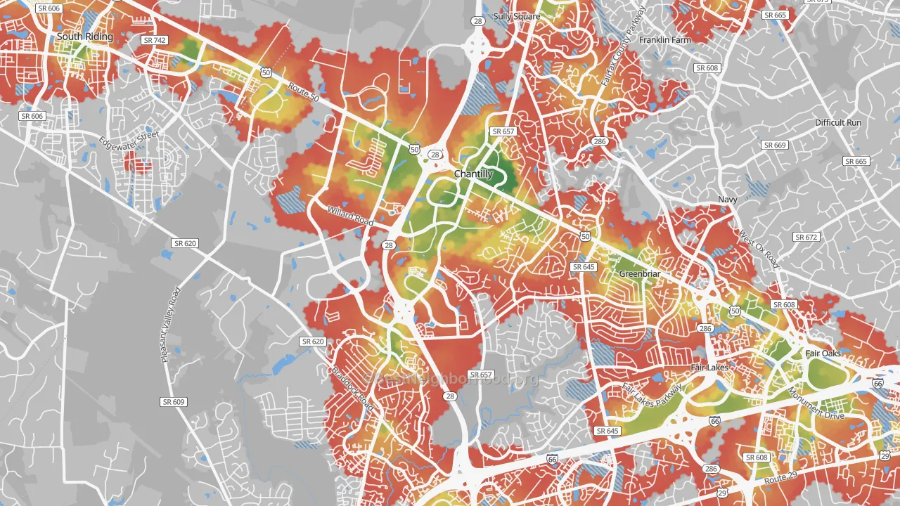 Walk Grade map of Chantilly, VA, walkable areas in green and car-dependent areas in red