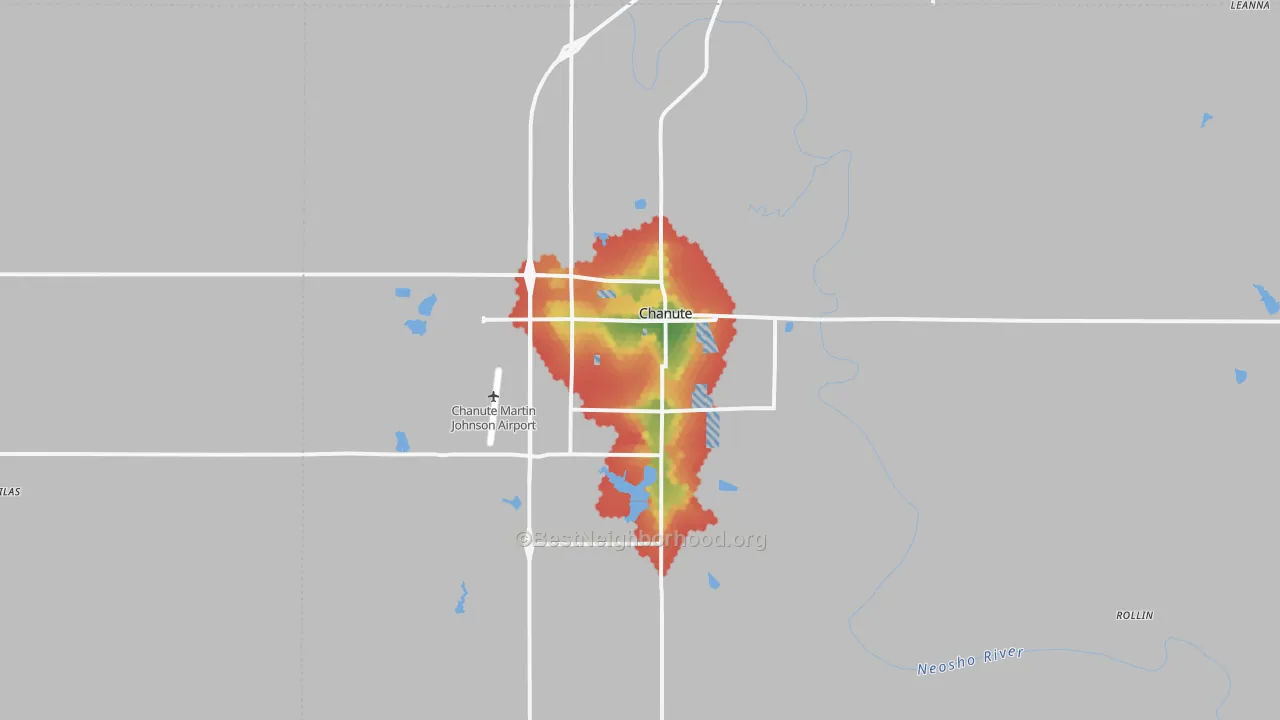 Walk Grade map of Chanute, KS, walkable areas in green and car-dependent areas in red