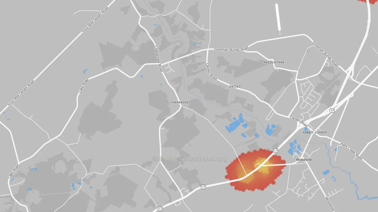 Walk Grade map of Chapanoke, NC, walkable areas in green and car-dependent areas in red