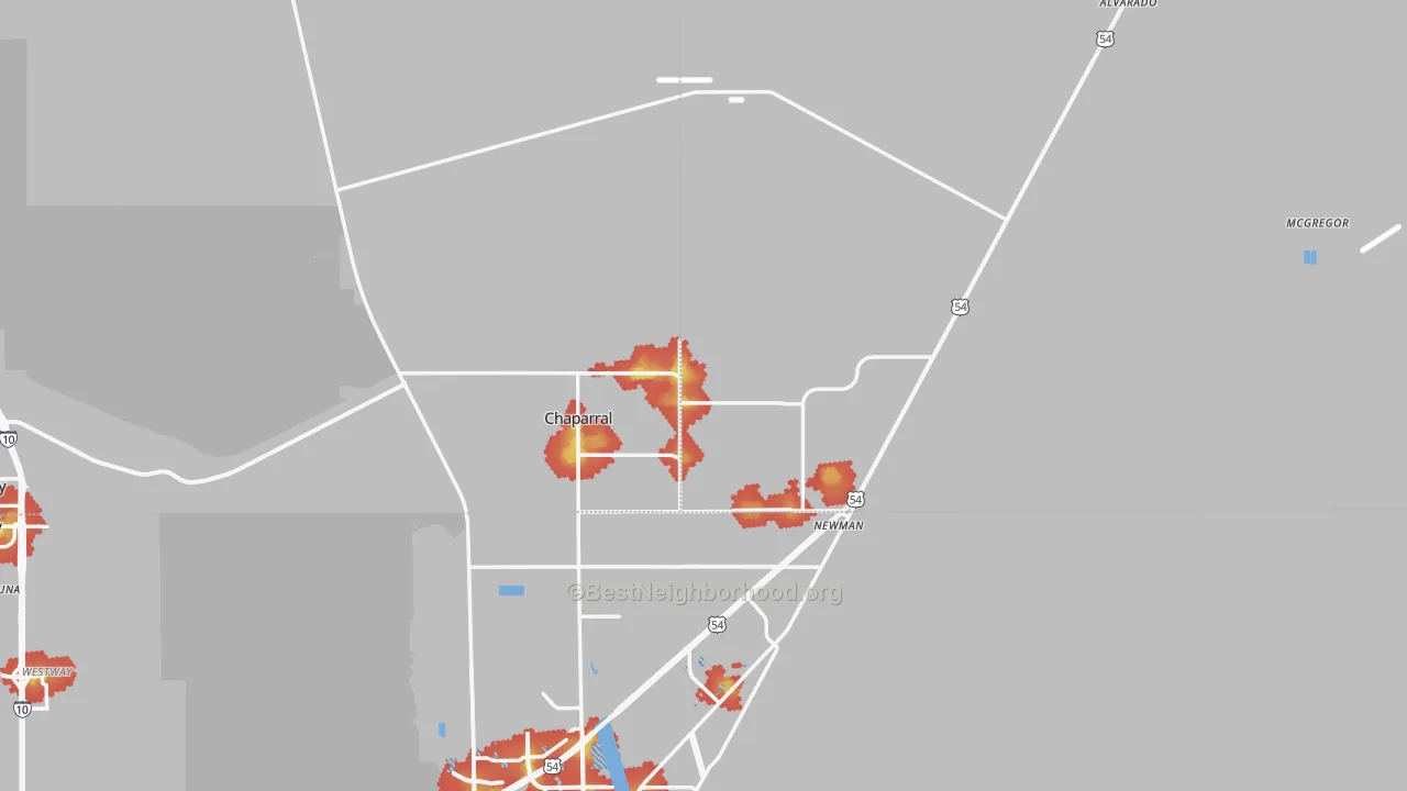 Walk Grade map of Chaparral, NM, walkable areas in green and car-dependent areas in red