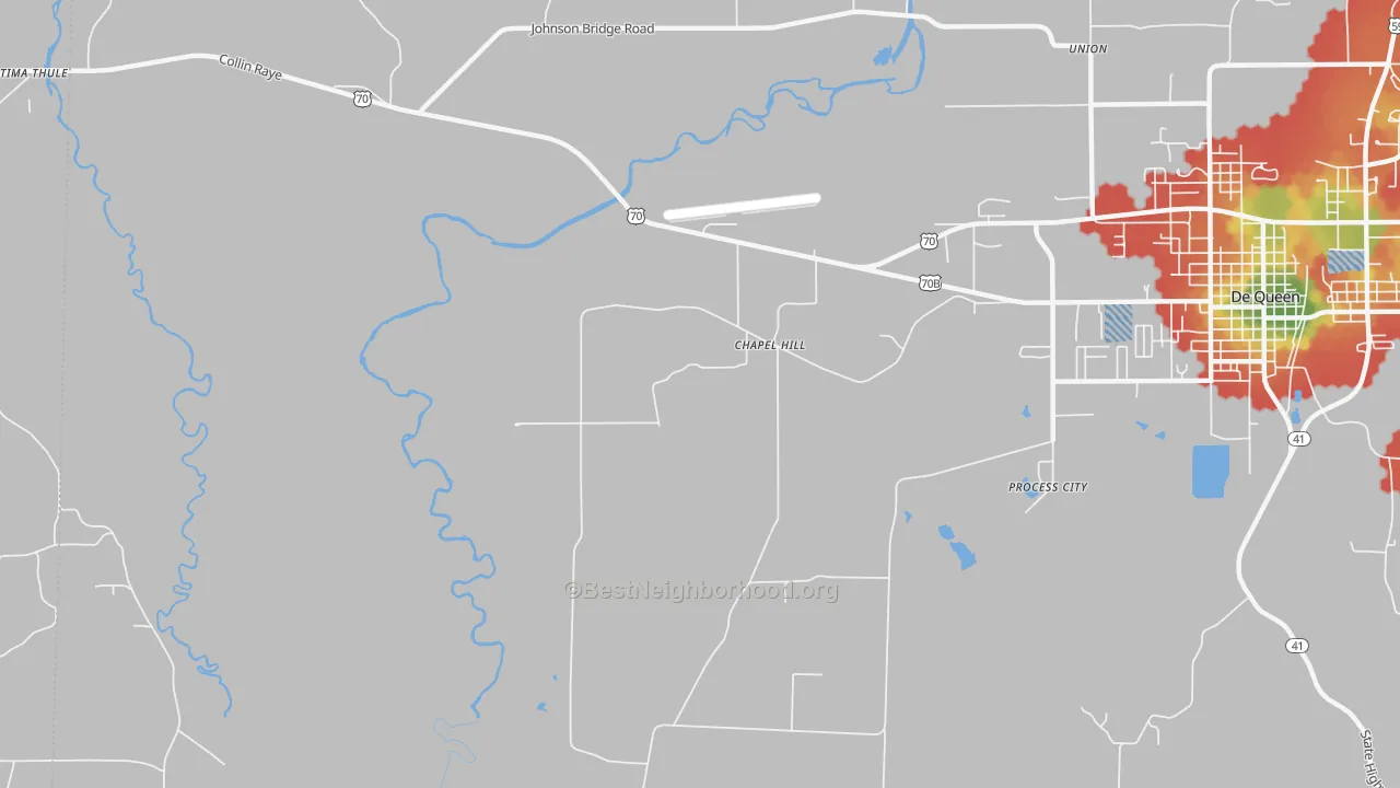 Walk Grade map of Chapel Hill, AR, walkable areas in green and car-dependent areas in red