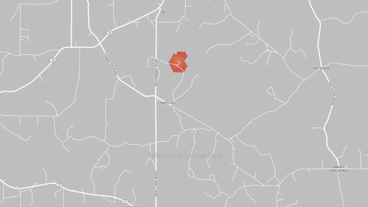Walk Grade map of Chapel Hill, MS, walkable areas in green and car-dependent areas in red