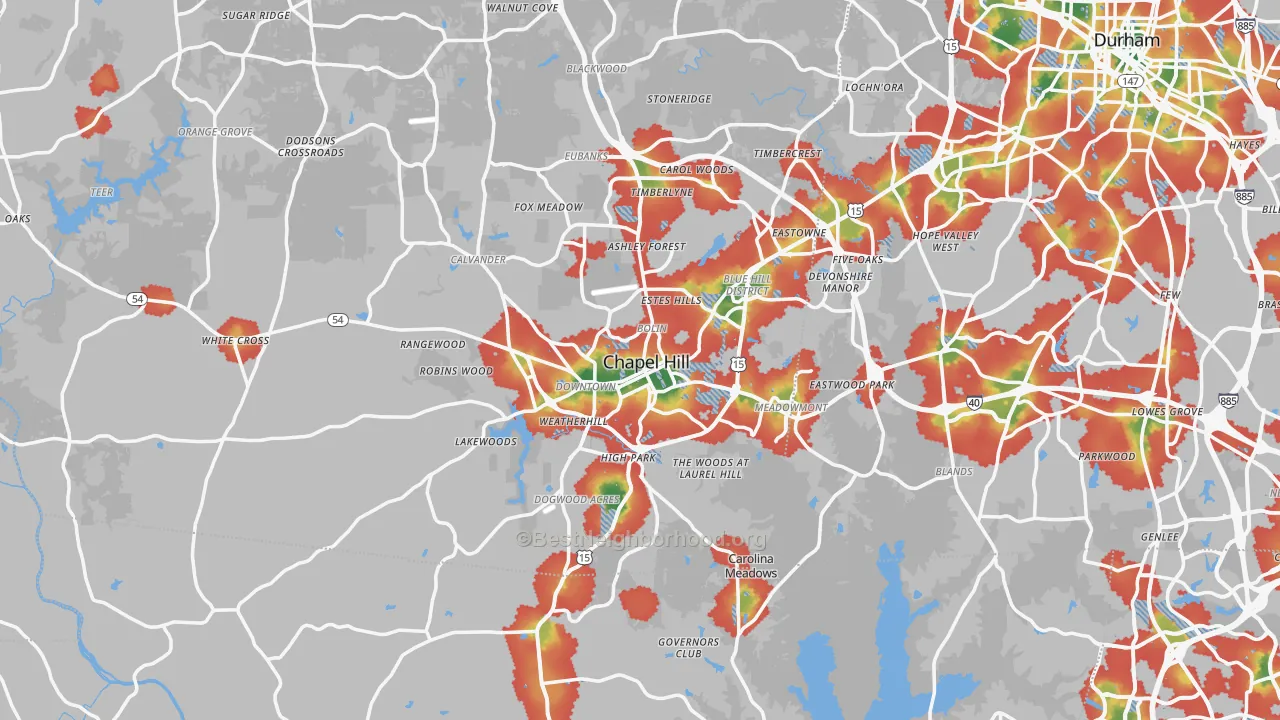 Walk Grade map of Chapel Hill, NC, walkable areas in green and car-dependent areas in red