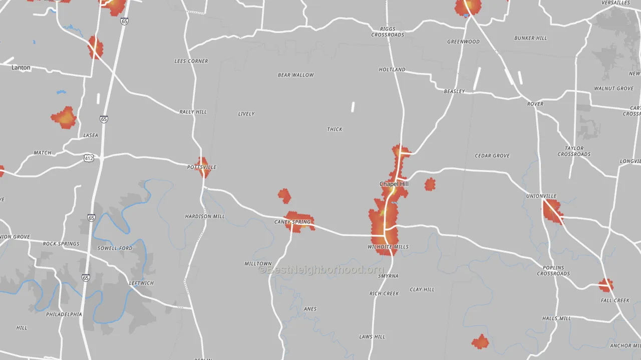 Walk Grade map of Chapel Hill, TN, walkable areas in green and car-dependent areas in red