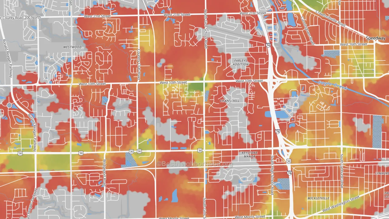 Walk Grade map of Chapel Hill Village, Indianapolis, IN, walkable areas in green and car-dependent areas in red