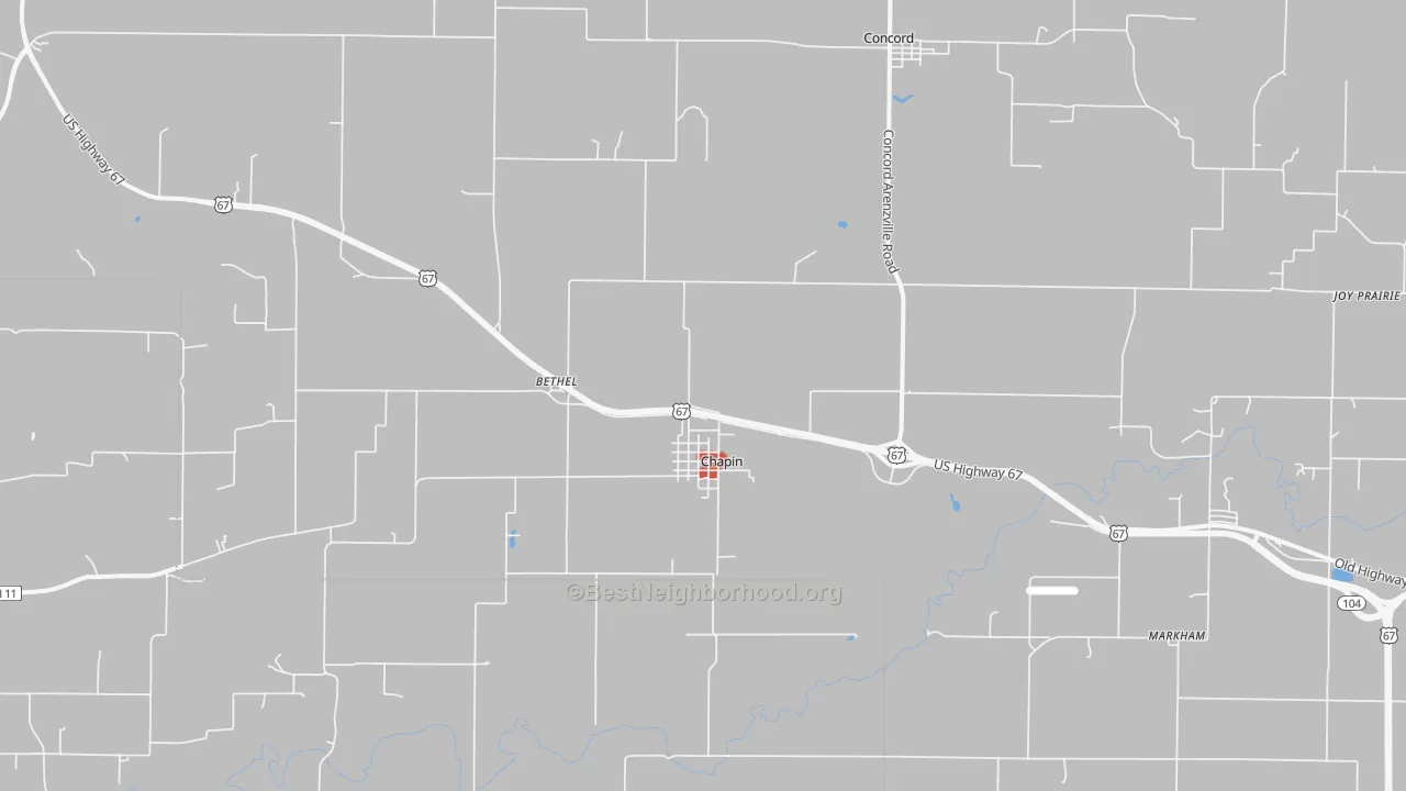 Walk Grade map of Chapin, IL, walkable areas in green and car-dependent areas in red