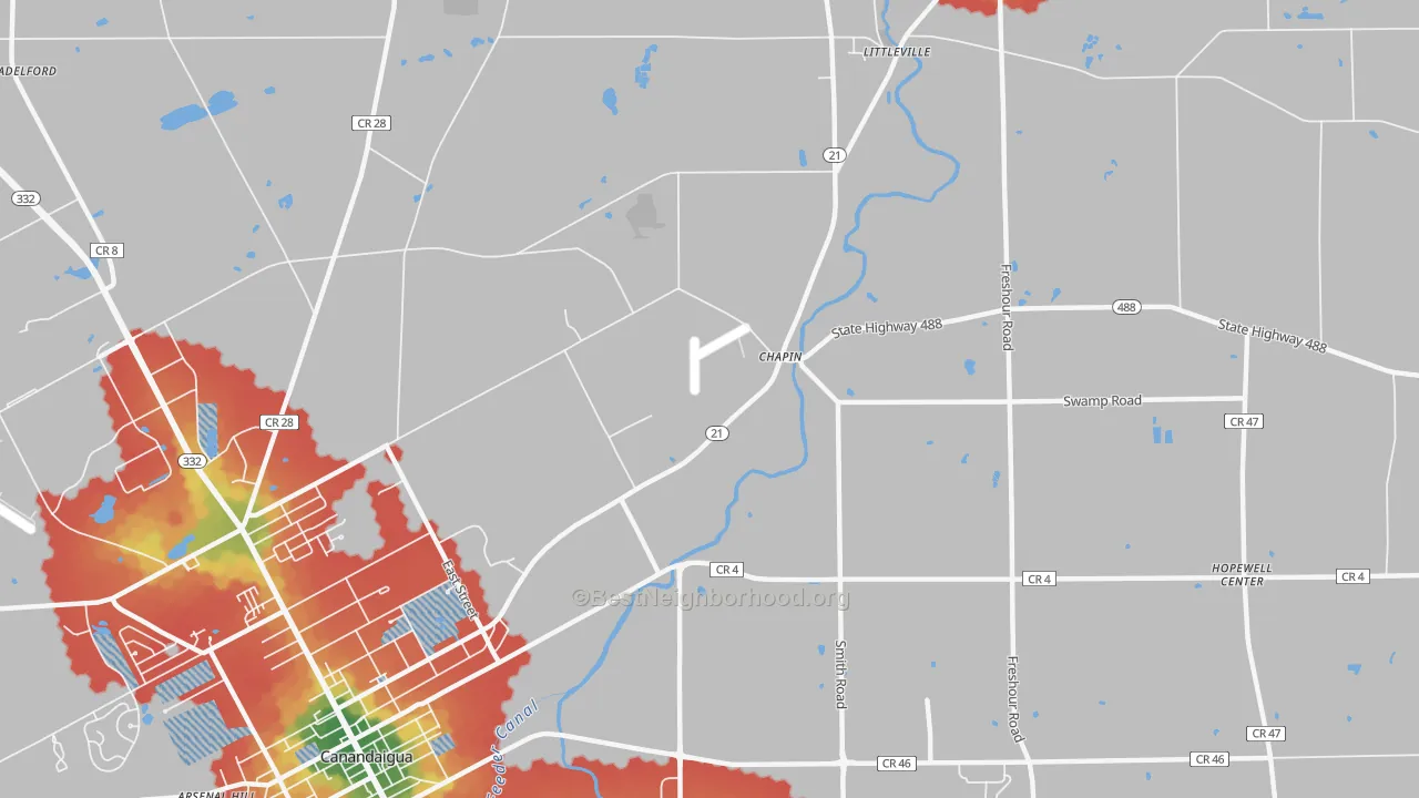 Walk Grade map of Chapin, NY, walkable areas in green and car-dependent areas in red