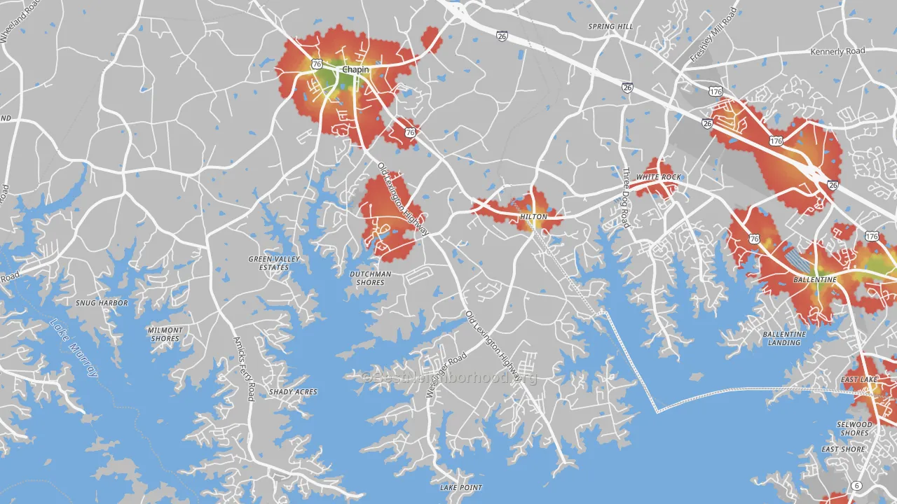 Walk Grade map of Chapin, SC, walkable areas in green and car-dependent areas in red