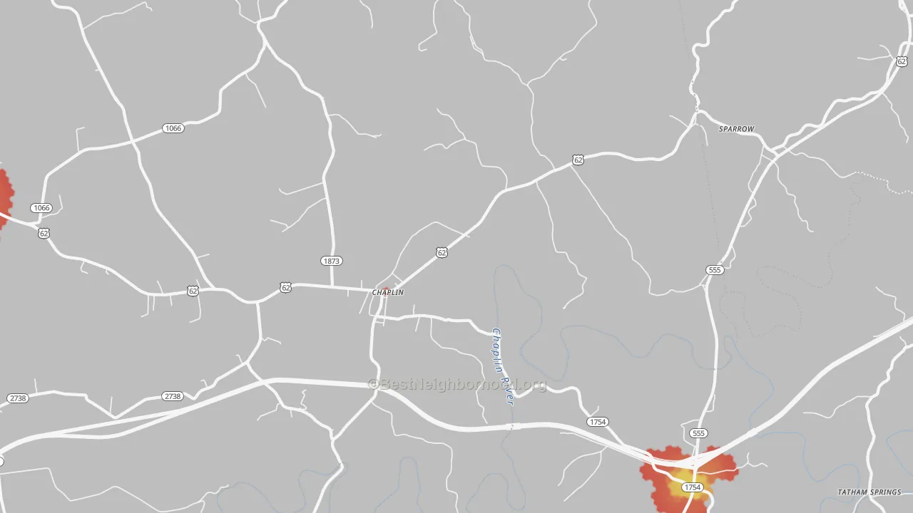 Walk Grade map of Chaplin, KY, walkable areas in green and car-dependent areas in red